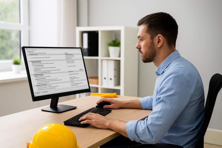 Mann arbeitet konzentriert im Büro am Computer mit Leistungsverzeichnis, auf dem Schreibtisch liegt ein gelber Bauhelm