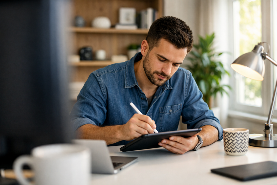 Mann arbeitet konzentriert im Büro am Computer mit Leistungsverzeichnis, auf dem Schreibtisch liegt ein gelber Bauhelm