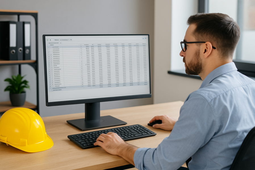 Mann arbeitet im Büro konzentriert am Computer mit tabellarischem Preisspiegel, auf dem Schreibtisch liegt ein gelber Bauhelm