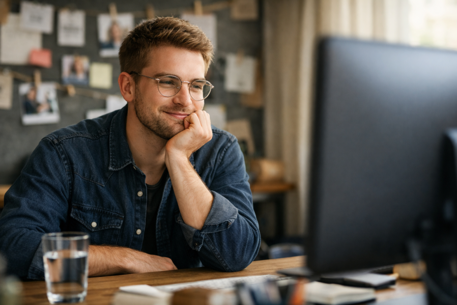 Mann arbeitet im Büro konzentriert am Computer mit tabellarischem Preisspiegel, auf dem Schreibtisch liegt ein gelber Bauhelm