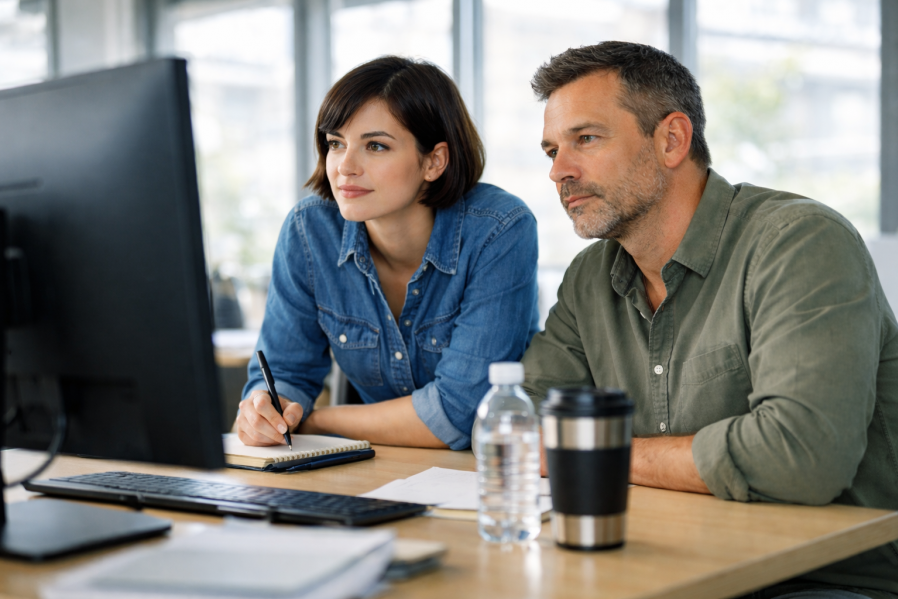Projektteam pflegt Projektdaten am PC – Symbolbild für zentrale AVA-Stammdatenverwaltung