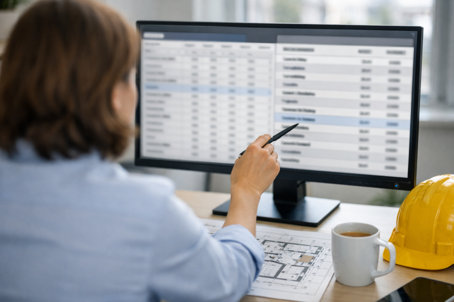 Freundlicher Bauplaner arbeitet mit Raumbuch-Modul in AVA-Software zur Mengenermittlung in moderner Büro-Umgebung