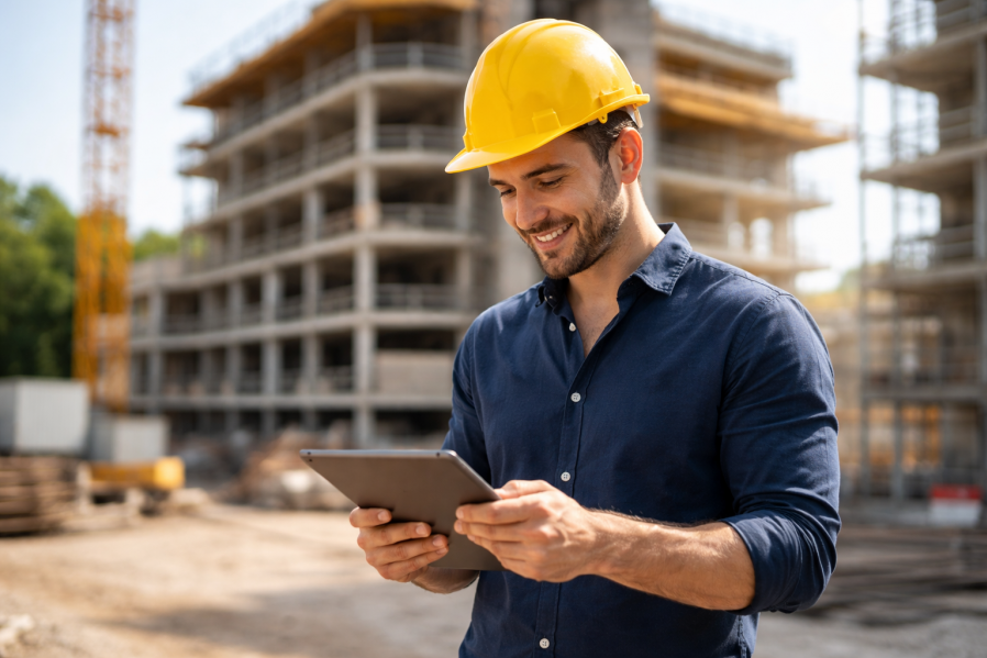 Bauleiter erfasst Aufmaß am Tablet auf Baustelle – Querformat-Symbolbild für REB 23.003 und digitale Bauabrechnung