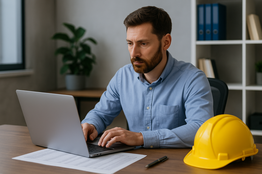 Mann arbeitet im Büro konzentriert am Laptop, auf dem Schreibtisch liegen Dokumente und ein gelber Bauhelm