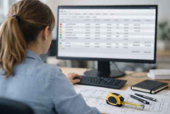 Frau arbeitet im Büro konzentriert am Laptop, auf dem Schreibtisch liegen Dokumente und ein gelber Bauhelm