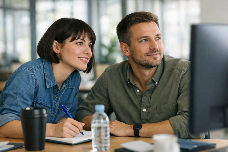 Architekten prüfen Leistungsdaten an Bildschirm – Symbolbild für Sirados-Texte und Baupreisdatenbank