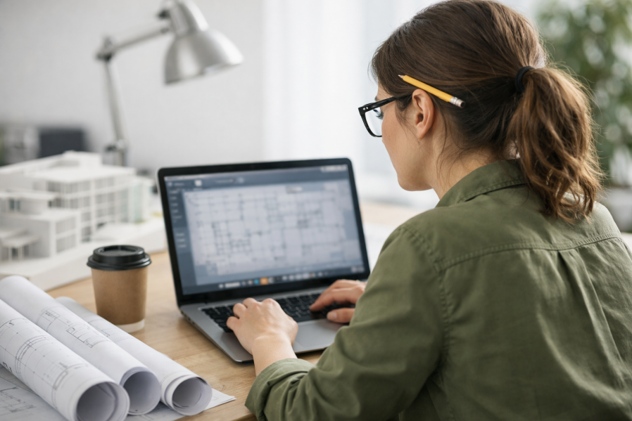 Architektin blickt konzentriert auf Laptop mit unscharfer AVA-Software, Rolllineal und Baupläne auf hellem Schreibtisch; Tageslicht und Zimmerpflanze im Hintergrund