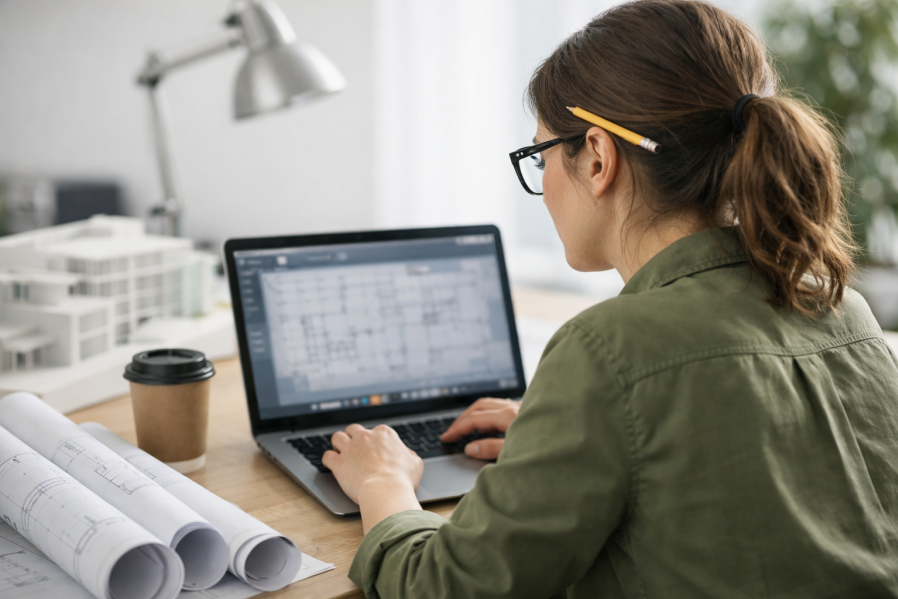 Architektin blickt konzentriert auf Laptop mit unscharfer AVA-Software, Rolllineal und Baupläne auf hellem Schreibtisch; Tageslicht und Zimmerpflanze im Hintergrund