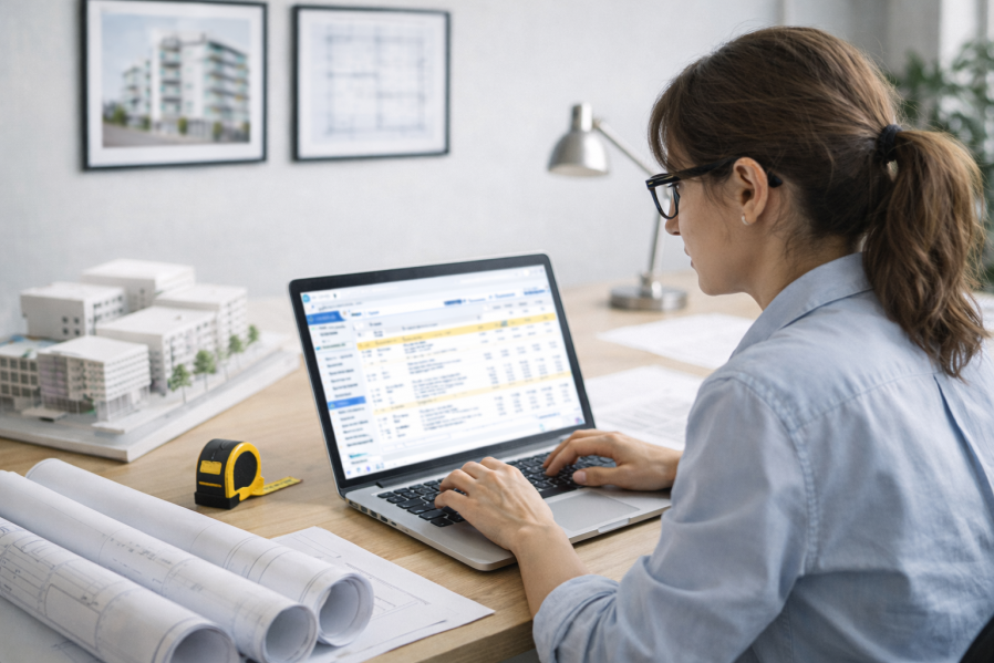 Planerin bei der Vergabephase mit AVA-Software, analysiert Bauangebote am Monitor in heller Büro-Umgebung für Preisspiegel-Erstellung