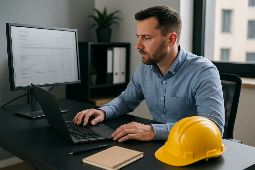 Mann arbeitet konzentriert im Büro am Laptop, auf dem Schreibtisch liegen ein Notizbuch, ein Stift und ein gelber Bauhelm